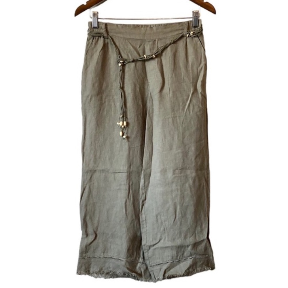 Nile Linen High Rise Waist Belted Wide Leg Capri Crop Pants Bottoms Green